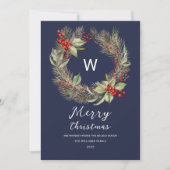 Monogram Kerst Greenery Krans op Navy Blue Feestdagenkaart (Voorkant)