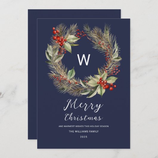 Monogram Kerst Greenery Krans op Navy Blue Feestdagenkaart (Voorkant / Achterkant)