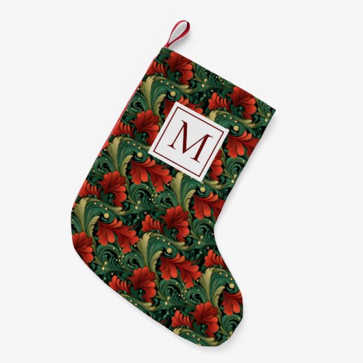 Monogram Kerst Groen Rood Art Noveau Kleine Kerstsok (Voorkant (Hangend))