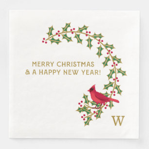 Monogram kerst hulst en bessen papieren servet