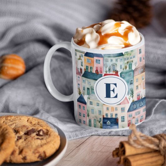 Monogram Kerst Kleurrijke Huizen Vakantie Koffiemok