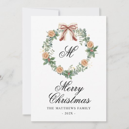 Monogram Kerst Sinaasappels Krans Bow Niet Foto Feestdagenkaart (Voorkant)