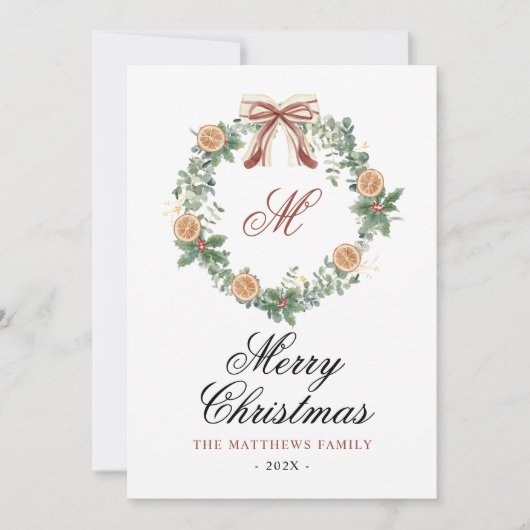 Monogram Kerst Sinaasappels Krans Bow Niet Foto Feestdagenkaart (Voorkant)