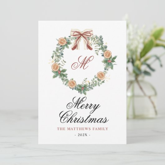 Monogram Kerst Sinaasappels Krans Bow Niet Foto Feestdagenkaart (Staand voorkant)