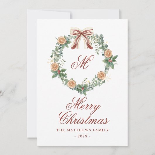 Monogram Kerst Sinaasappels Krans Bow Niet Foto Feestdagenkaart (Voorkant)