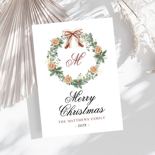 Monogram Kerst Sinaasappels Krans Bow Niet Foto Feestdagenkaart