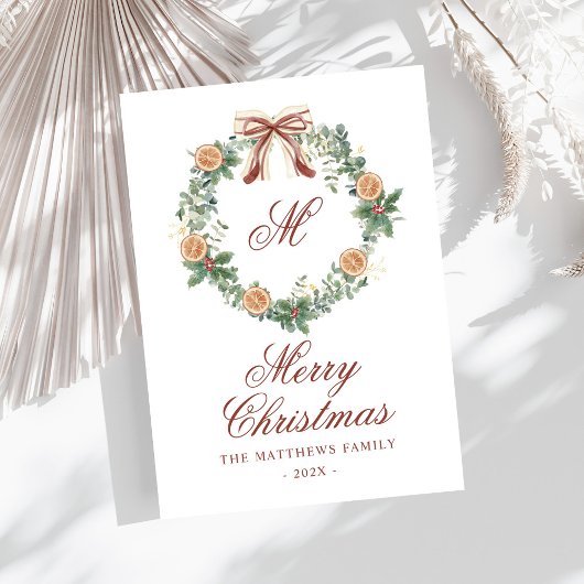 Monogram Kerst Sinaasappels Krans Bow Niet Foto Feestdagenkaart