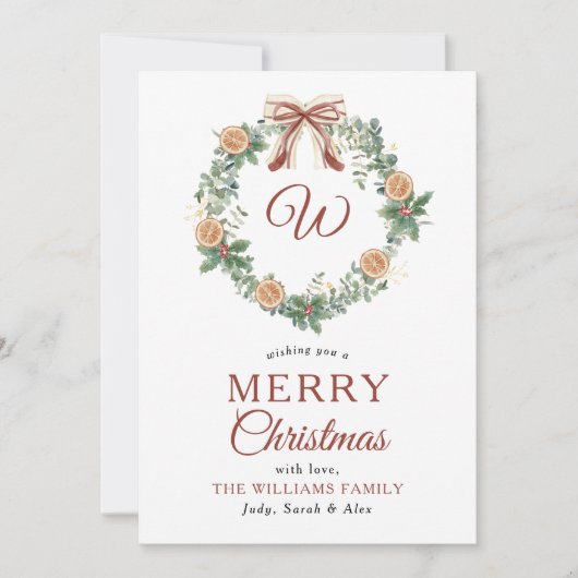 Monogram Kerst Sinaasappels Krans Bow Niet Foto Feestdagenkaart (Voorkant)