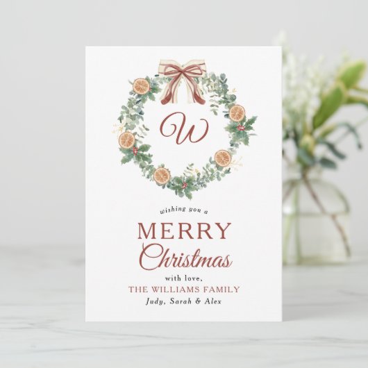 Monogram Kerst Sinaasappels Krans Bow Niet Foto Feestdagenkaart (Staand voorkant)