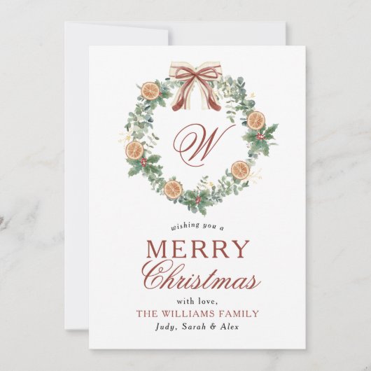 Monogram Kerst Sinaasappels Krans Bow Niet Foto Feestdagenkaart (Voorkant)