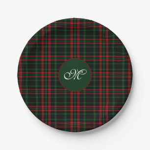 Monogram Kerst Tartan Plaid Rood, Groen Zwart Papieren Bordje