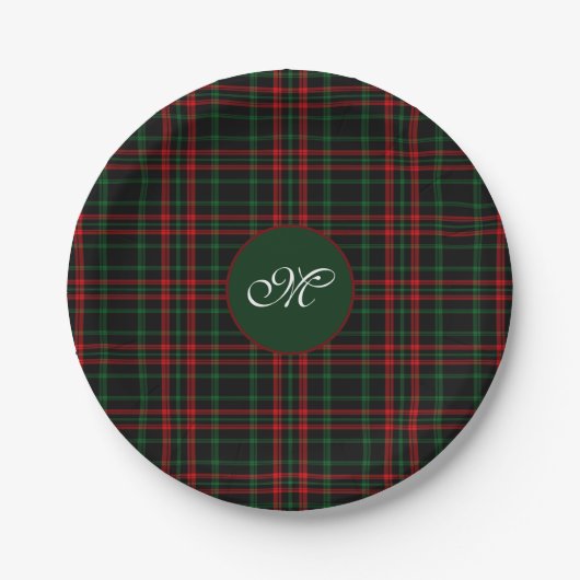 Monogram Kerst Tartan Plaid Rood, Groen Zwart Papieren Bordje (Voorkant)