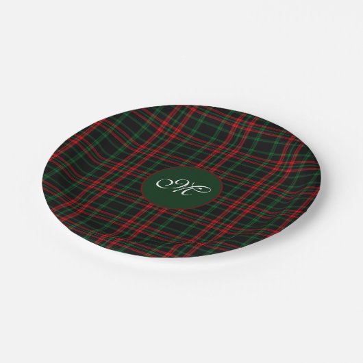 Monogram Kerst Tartan Plaid Rood, Groen Zwart Papieren Bordje (Gekanteld)