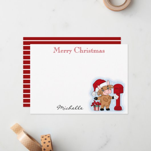 Monogram Kerst Vakantie Leuke Koe Gepersonaliseerd Notitiekaartje (Voorkant / Achterkant in situ)