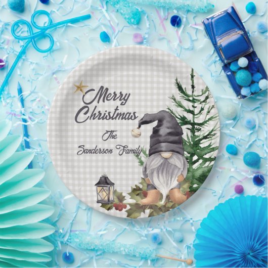 Monogram Kerst Waterverf Gnome Schort Papieren Bordje (Feest)