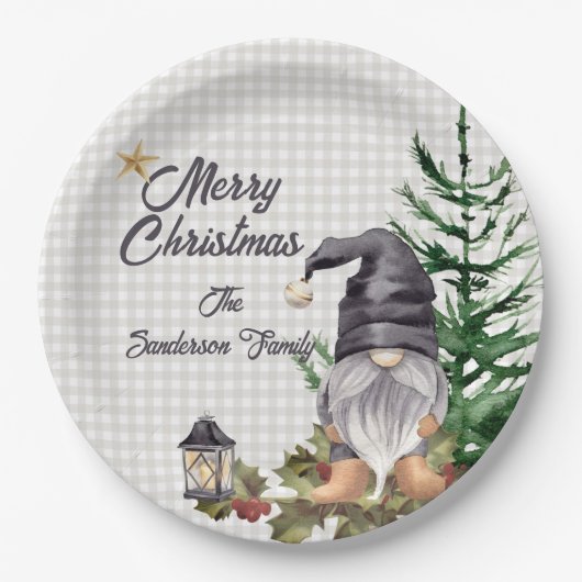 Monogram Kerst Waterverf Gnome Schort Papieren Bordje (Voorkant)