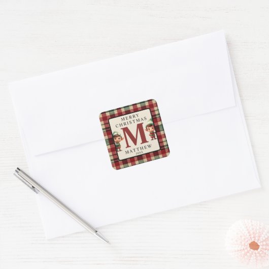 Monogram kerstelf vierkante sticker (Envelop)
