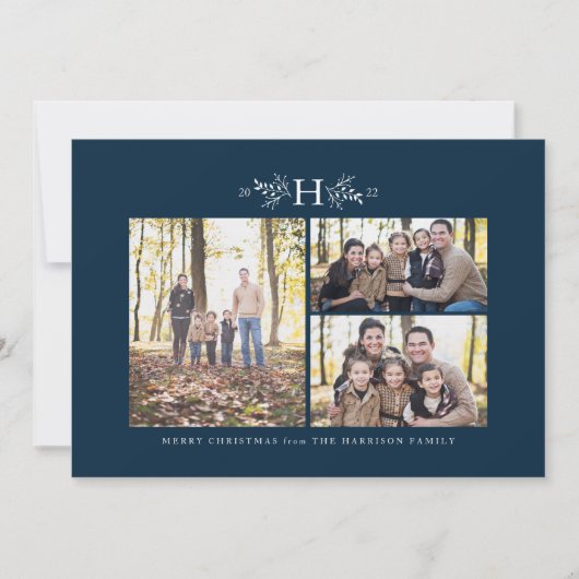 Monogram kerstkaart in marineblauw met drie foto's (Voorkant)