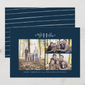 Monogram kerstkaart in marineblauw met drie foto's (Voorkant / Achterkant)