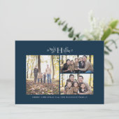 Monogram kerstkaart in marineblauw met drie foto's (Staand voorkant)