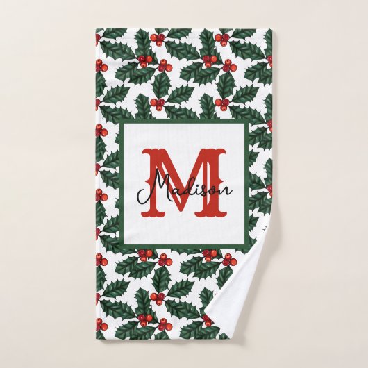 Monogram Kerstkerst Holly Berries Bad Handdoek (Handdoek)
