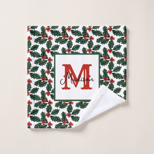Monogram Kerstkerst Holly Berries Bad Handdoek (Wasdoekje)