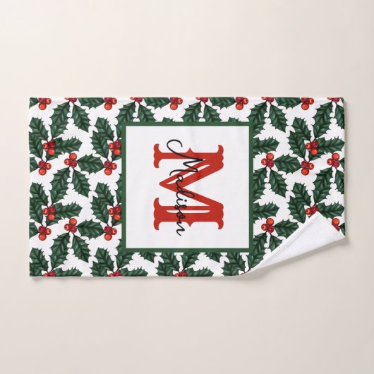 Monogram Kerstkerst Holly Berries Bad Handdoek (Handdoek)