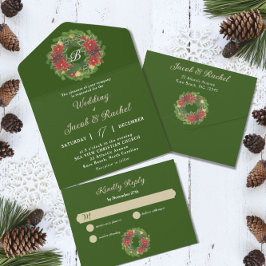 Monogram Kerstkrans Poinsettias Bruiloft All In One Uitnodiging