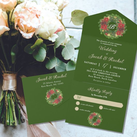Monogram Kerstkrans Poinsettias Bruiloft All In One Uitnodiging