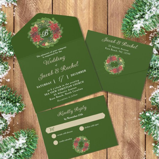 Monogram Kerstkrans Poinsettias Bruiloft All In One Uitnodiging