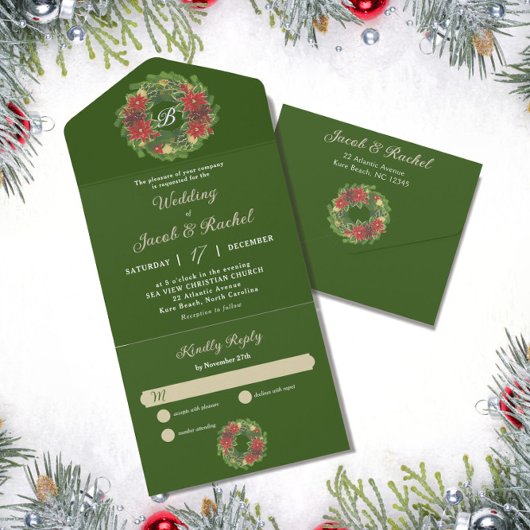 Monogram Kerstkrans Poinsettias Bruiloft All In One Uitnodiging
