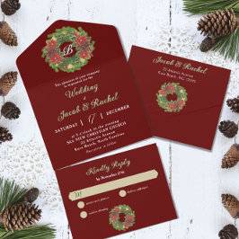 Monogram Kerstkrans Poinsettias Rode bruiloft All In One Uitnodiging