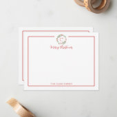 Monogram Kerstkrans Rode Rand Briefpapier Notitiekaartje (Voorkant / Achterkant in situ)