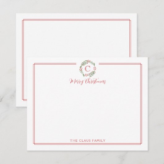 Monogram Kerstkrans Rode Rand Briefpapier Notitiekaartje (Voorkant / Achterkant)