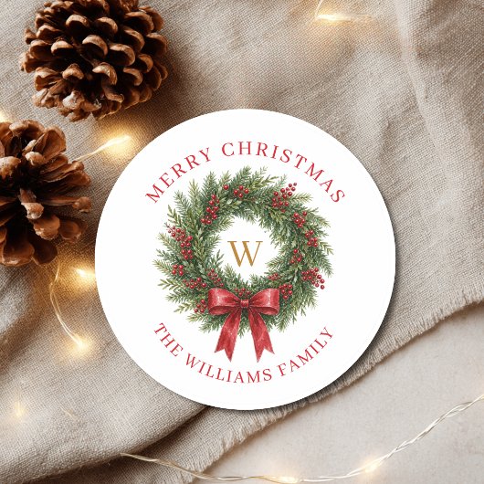 Monogram Kerstkrans Rood Lint Ronde Sticker