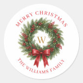 Monogram Kerstkrans Rood Lint Ronde Sticker (Voorkant)