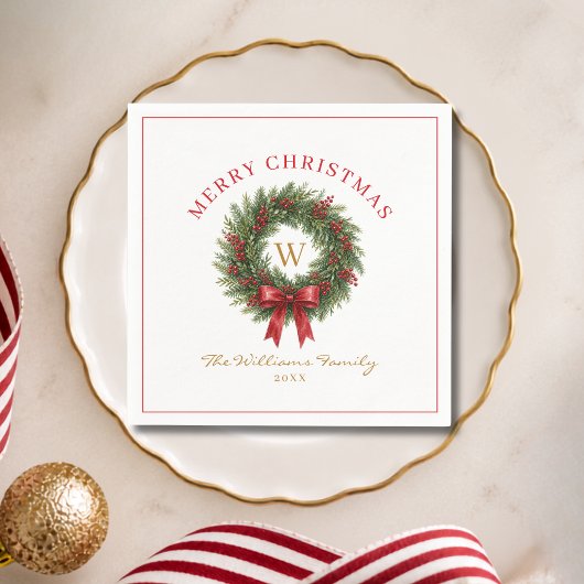 Monogram Kerstkrans Rood Lint Servet