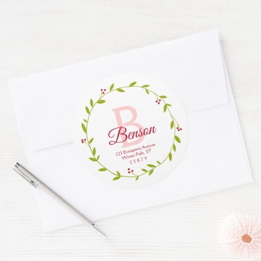 Monogram Kerstkrans SVG Terugkeeradreszegels Ronde Sticker (Envelop)