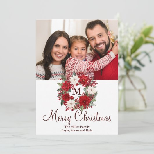 Monogram Kerstkrans Traditioneel Elegant Feestdagenkaart (Staand voorkant)