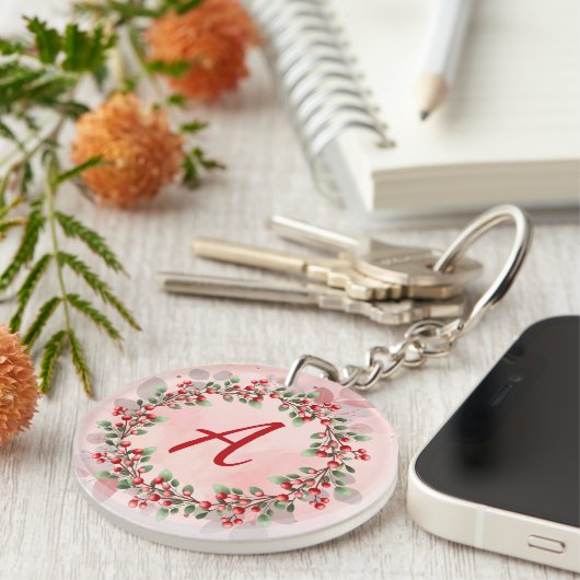Monogram Kerstmis Berry Wreath Sleutelhanger (Voorkant Rechts)