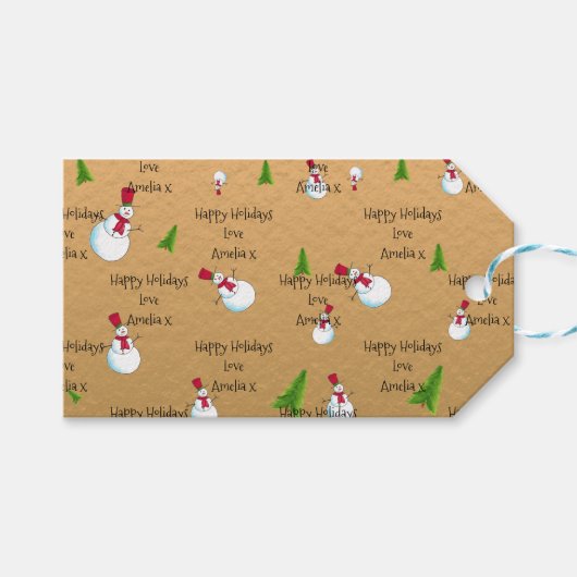 Monogram Kerstmis Gouden Sneeuwman Cadeaulabel (Voorkant (Horizontaal))