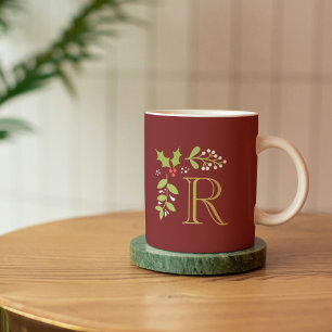 Monogram Kerstmis Holly en Mistletoe Red Koffiemok