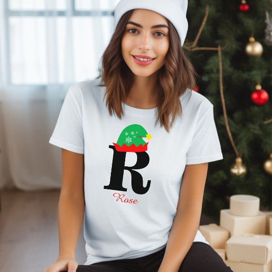 Monogram Kerstmis, personaliseer met Naam Wit T-shirt