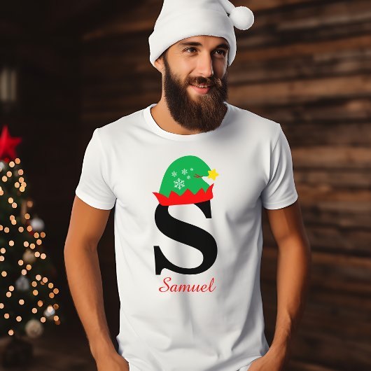 Monogram Kerstmis, personaliseer met Naam Wit T-shirt