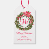 Monogram Kerstmis Poinsettia krans Cadeaulabel (Voorkant)