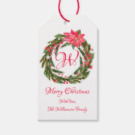 Monogram Kerstmis Poinsettia krans Cadeaulabel