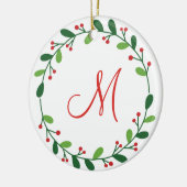 Monogram Kerstmis Red Holly en Green Wreath Keramisch Ornament (Links)