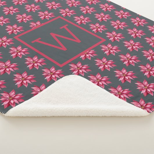 Monogram Kerstmis Rode Poinsettia Bloem Off-Zwart Sherpa Deken (3/4)