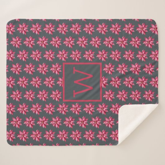 Monogram Kerstmis Rode Poinsettia Bloem Off-Zwart Sherpa Deken (Voorkant (horizontaal))