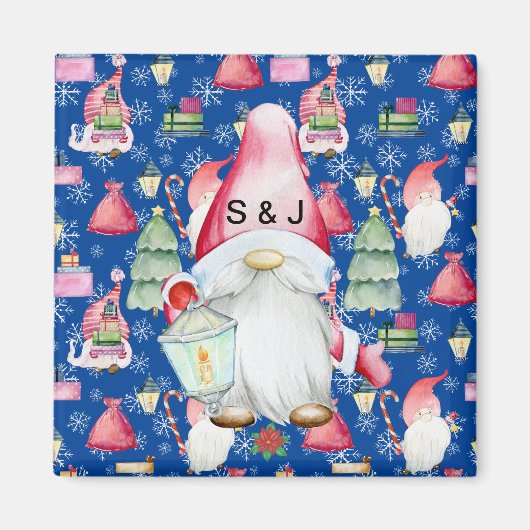 Monogram Kerstmis Santa Gnome Patroon Blauw Magneet (Voorkant)